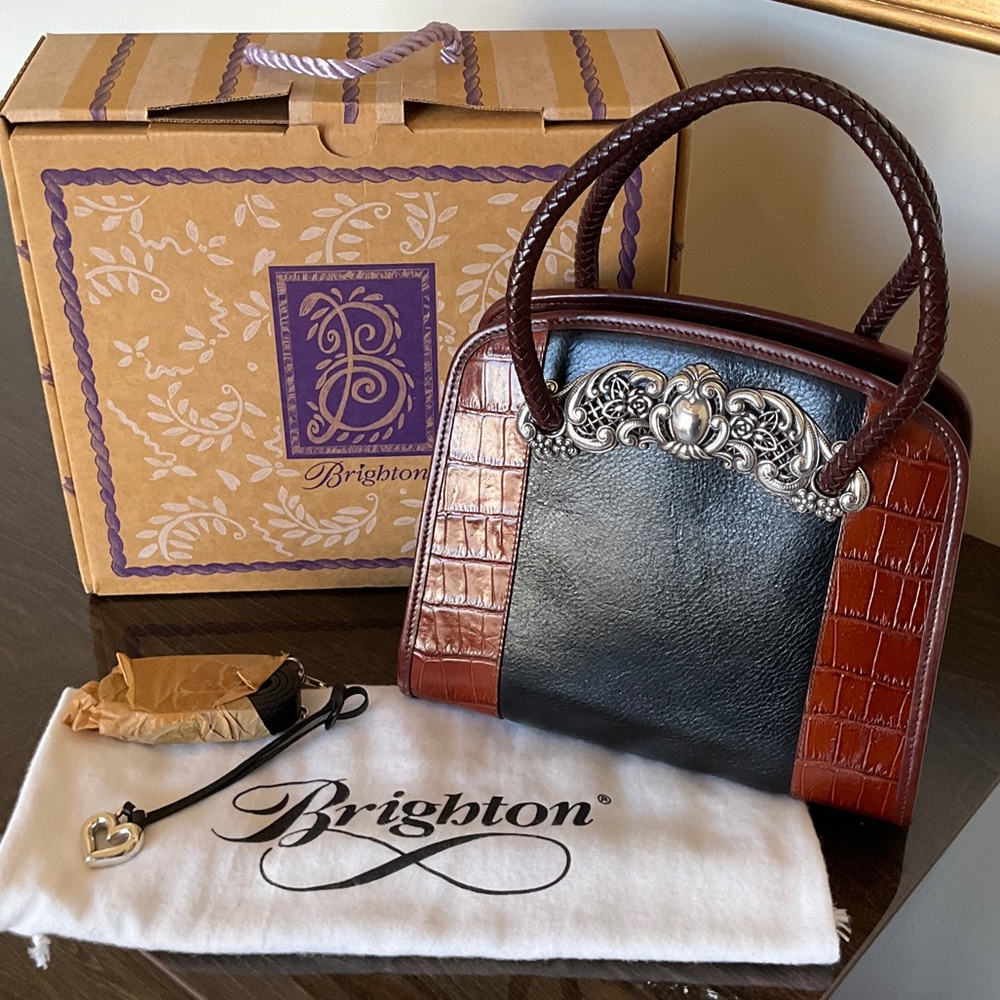 Brighton Black and Brown Croc Satchel with Silver Accents NWT w/ bag cover